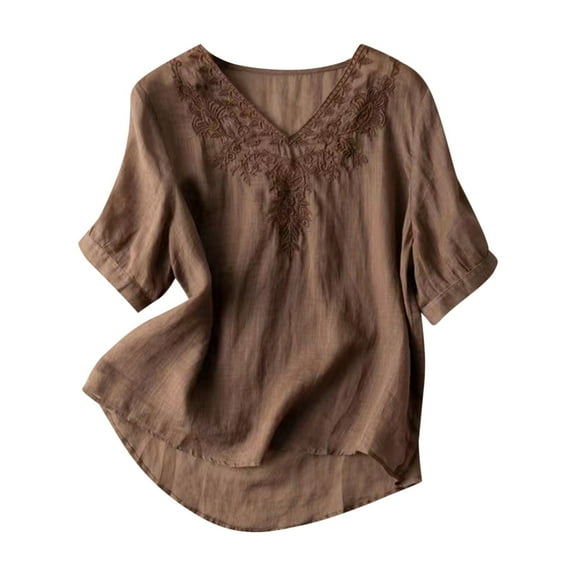 Zpanxa Summer Tops for Women, Womens Spring Summer Solid Color Casual Loose Fashion T-Shirt Short Sleeve V-Neck Embroidery Tops Cotton And Linen Blouse Coffee A 3XL