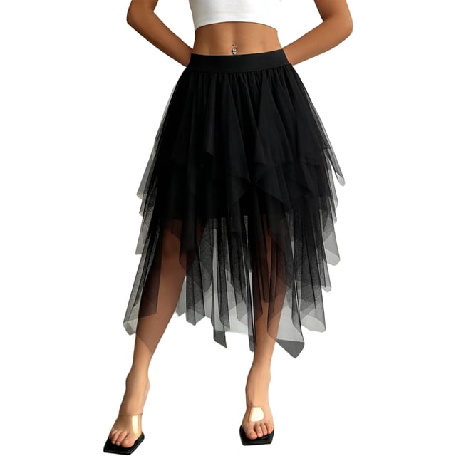 Womens Irregular Mesh Tulle Skirt High Waist Versatile Slimming Layered Tutu Skirt