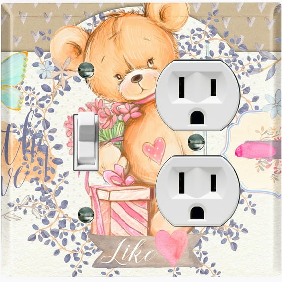 Metal Light Switch Wall Plate Outlet Cover (Teddy Bear Love Heart Flower Bouquet Present Butterfly Wreath - Single Toggle Single Duplex)