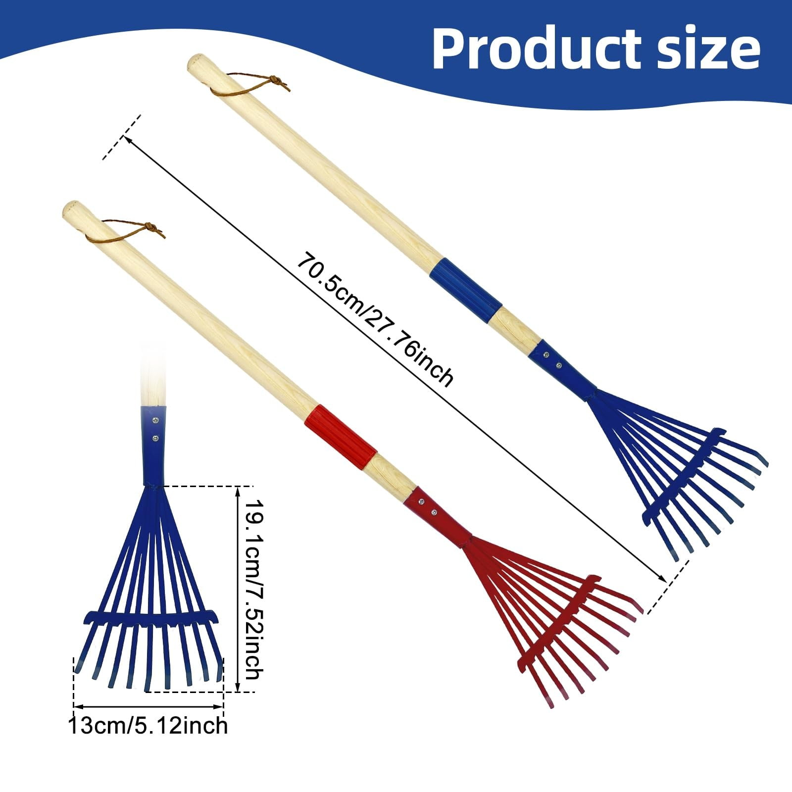 Elysian Clearance Weed Puller Tool,Garden Rake & Leaf Set Agricultural Tool for Leaf & Hay Raking Wooden Handle 9 Tine Rake for Kids' Play & Household Use 2 Piece Gardening Kit Red 70X14CM