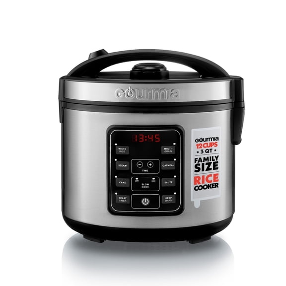 Gourmia 3 Qt Rice & Grain Cooker & Steamer 12 Cup Cooked (6 Cup Uncooked) Stainless Steel