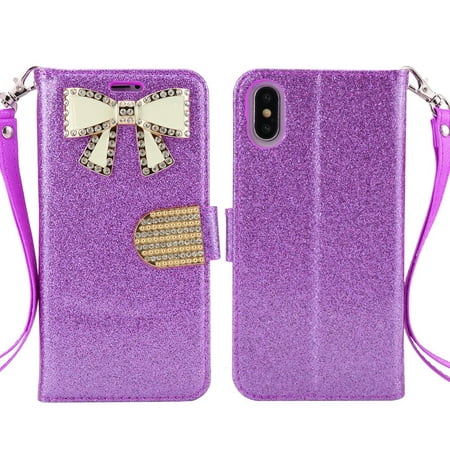 iPhone X Case, Shiny PU Leather Sparkle Rhinestone Butterfly Wallet Case (WBL Purple)