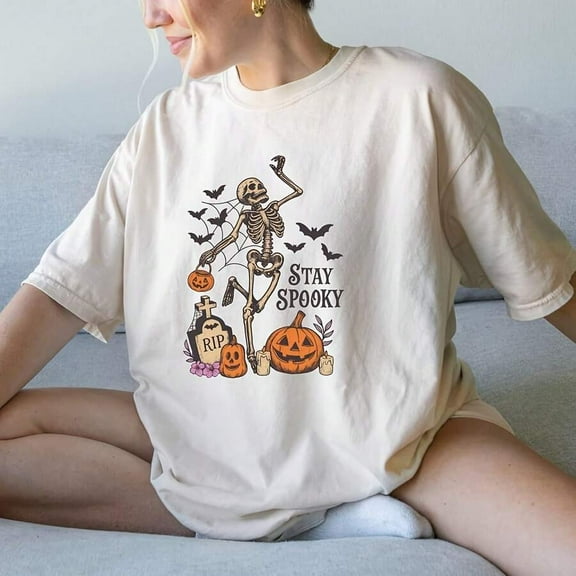 Stay Spooky Skeleton Shirt, Halloween Pumpkin Graveyard Tee, Vintage Gothic Graphic T-Shirt, Dancing Skeleton Halloween T-Shirt