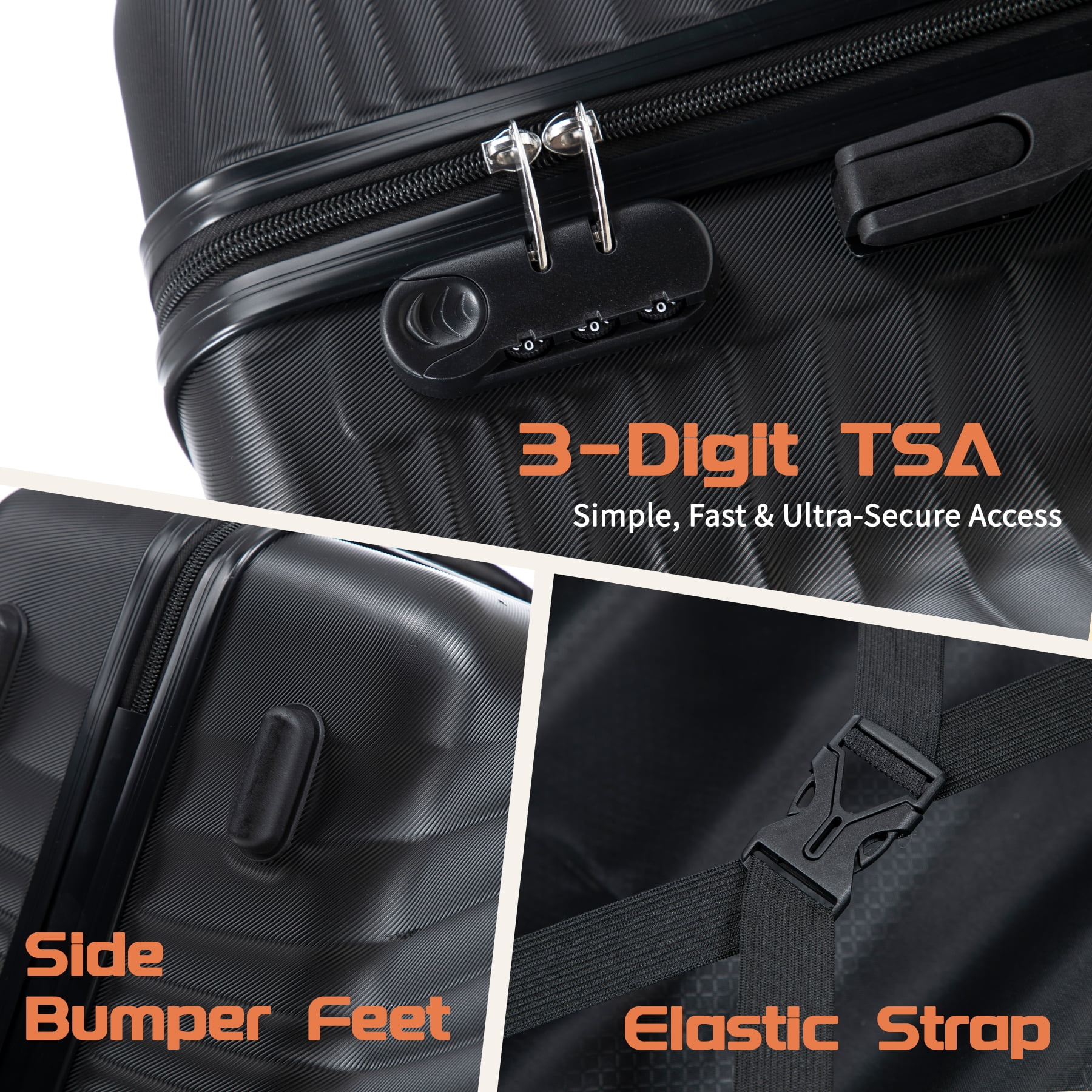 Rosamo Luggage Sets 3 Piece, HardsideTravel Suitcase with Spinner Wheels 20/24/28" , Carry on Luggage with TSA Lock(Black)