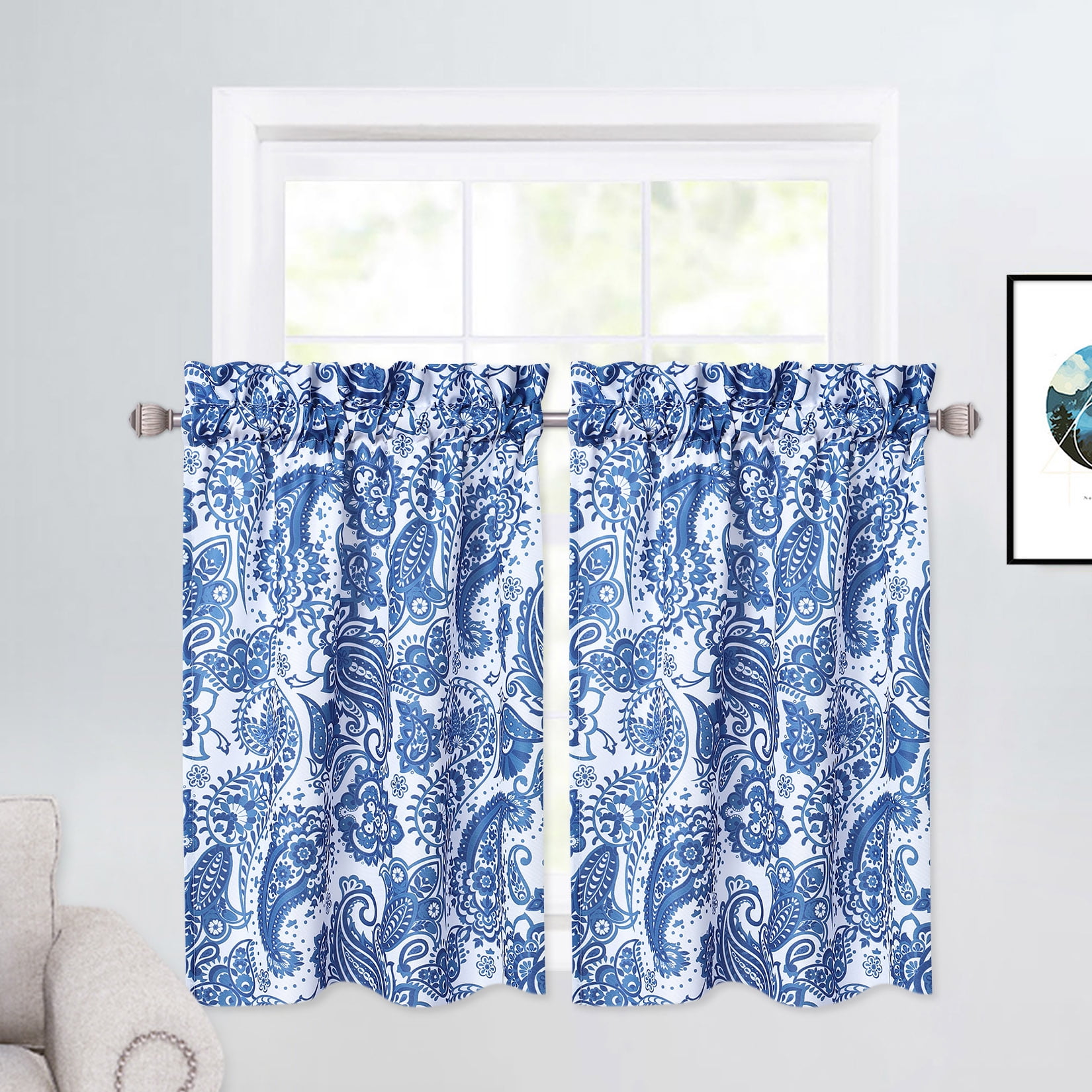 Haperlare Cafe Curtain 24 inch Long Vintage Damask Paisley Farmhouse Blackout Kitchen Curtain