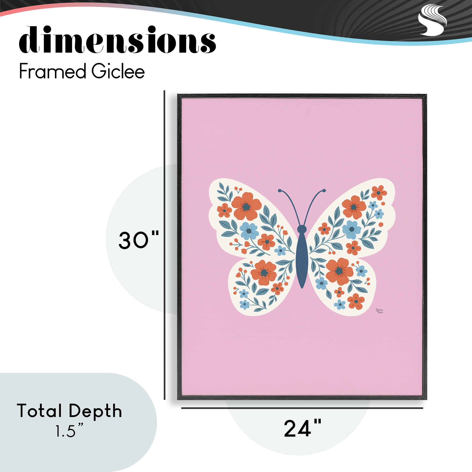 Boho Pink Floral Butterfly Black Framed Giclee Art, design by Jessica Beck