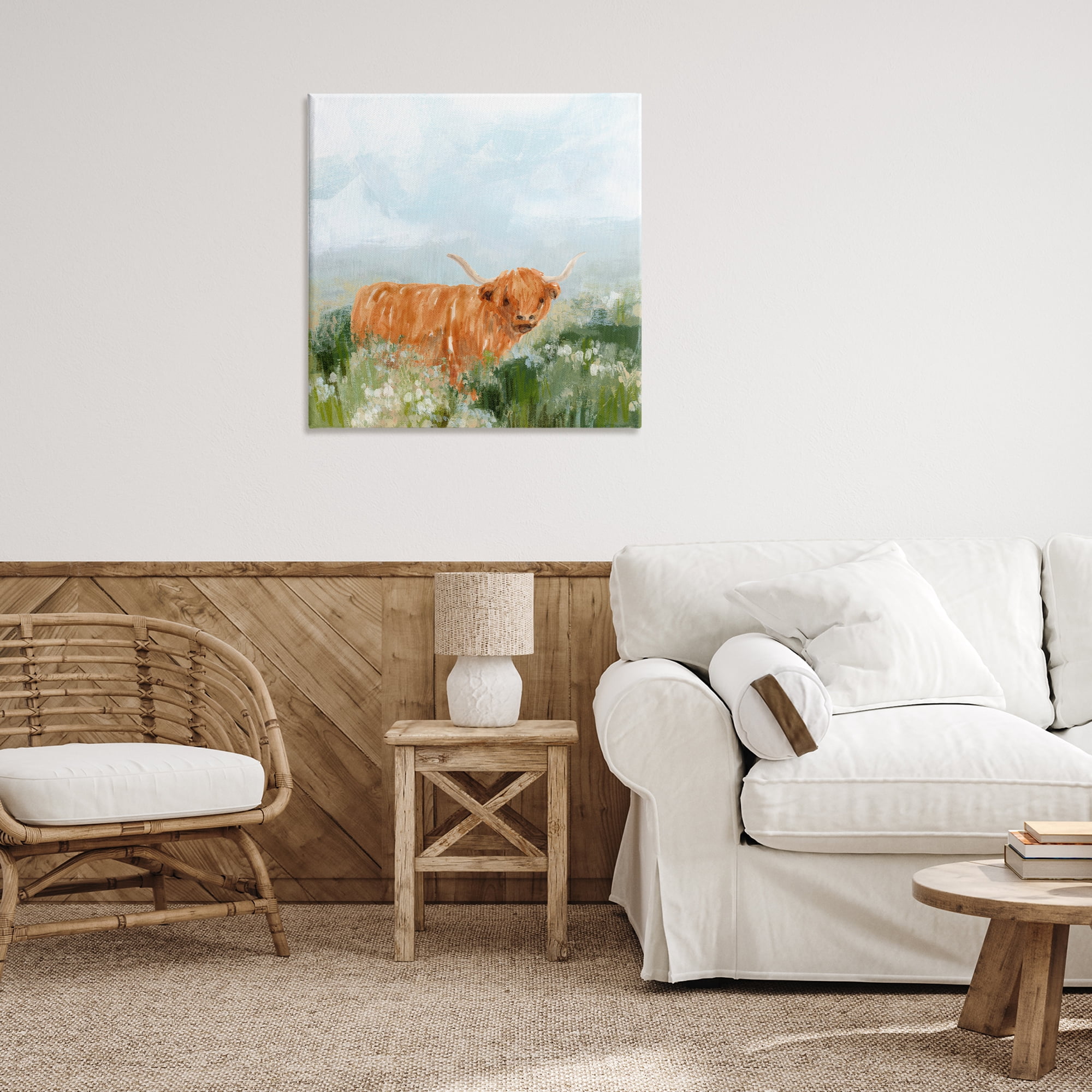 Stupell Industries Longhorn Cattle Country Field Animals & Insects Painting Gallery Wrapped Canvas Art Print Wall Art, 30 x 30