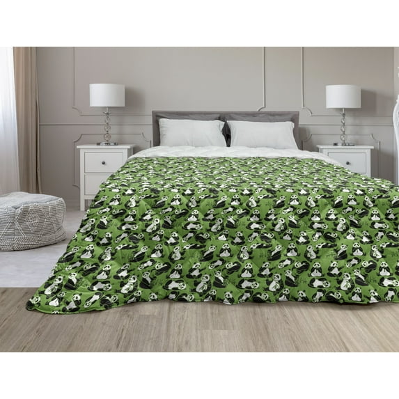 Bamboo Print Down Alternative Comforter, Little Cartoon Panda Bears on Exotic Jungle Plants Illustration, Microfiber Quilt for All Season, 5 Sizes, Charcoal Grey White, by Ambesonne