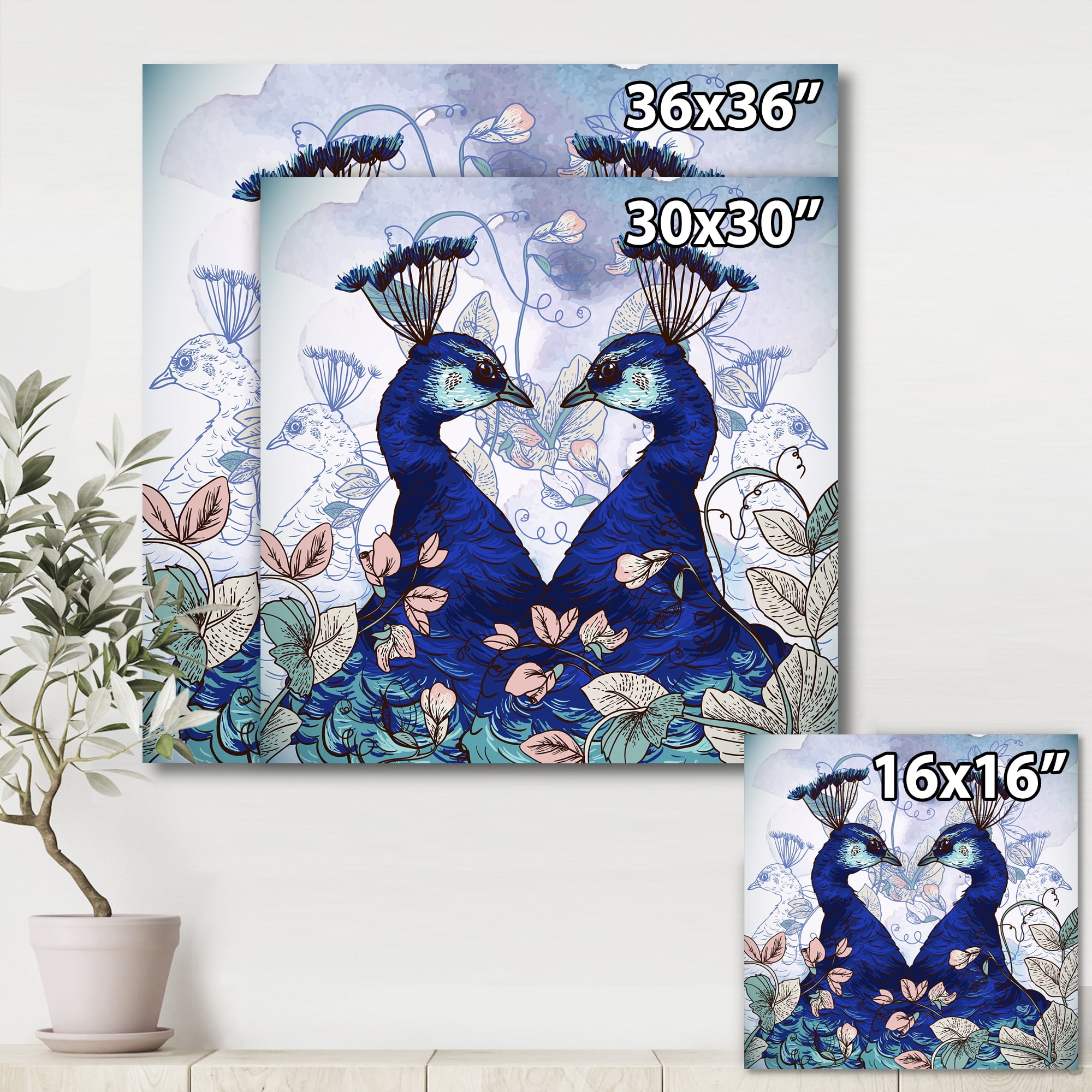 Designart ' Wildflowers With Two Blue Peacocks ' Traditional Canvas Wall Art Print