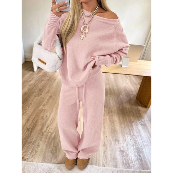 Women's Off Shoulder Knit Two-Piece Set, Asymmetric Neck Long Sleeve Top & Drawstring Waist Wide Leg Pants, Soft Casual Knit Outfit for Fall & Winter