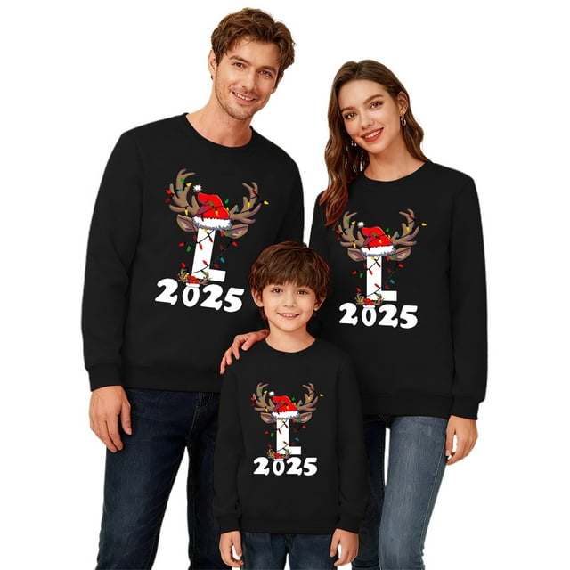 MIASHUI Ensemble de Pyjamas Assortis pour la Famille Shorts de Noël pour Enfants Imprimé Lettre Col Rond Manches Longues Chandail en Molleton Sans Capuche Femmes,G