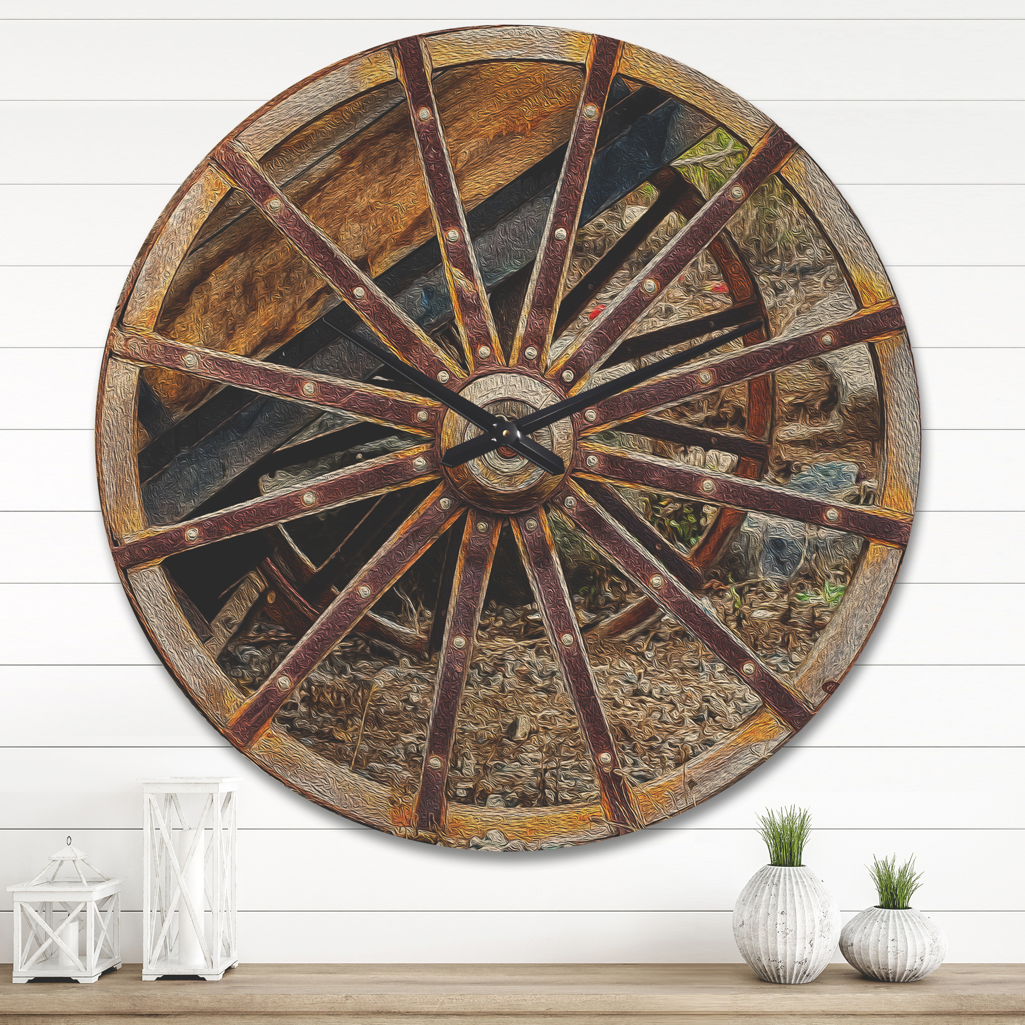 Designart 'Vintage Cottage Wood Cart Wheel ' Rustic Wood Wall Clock