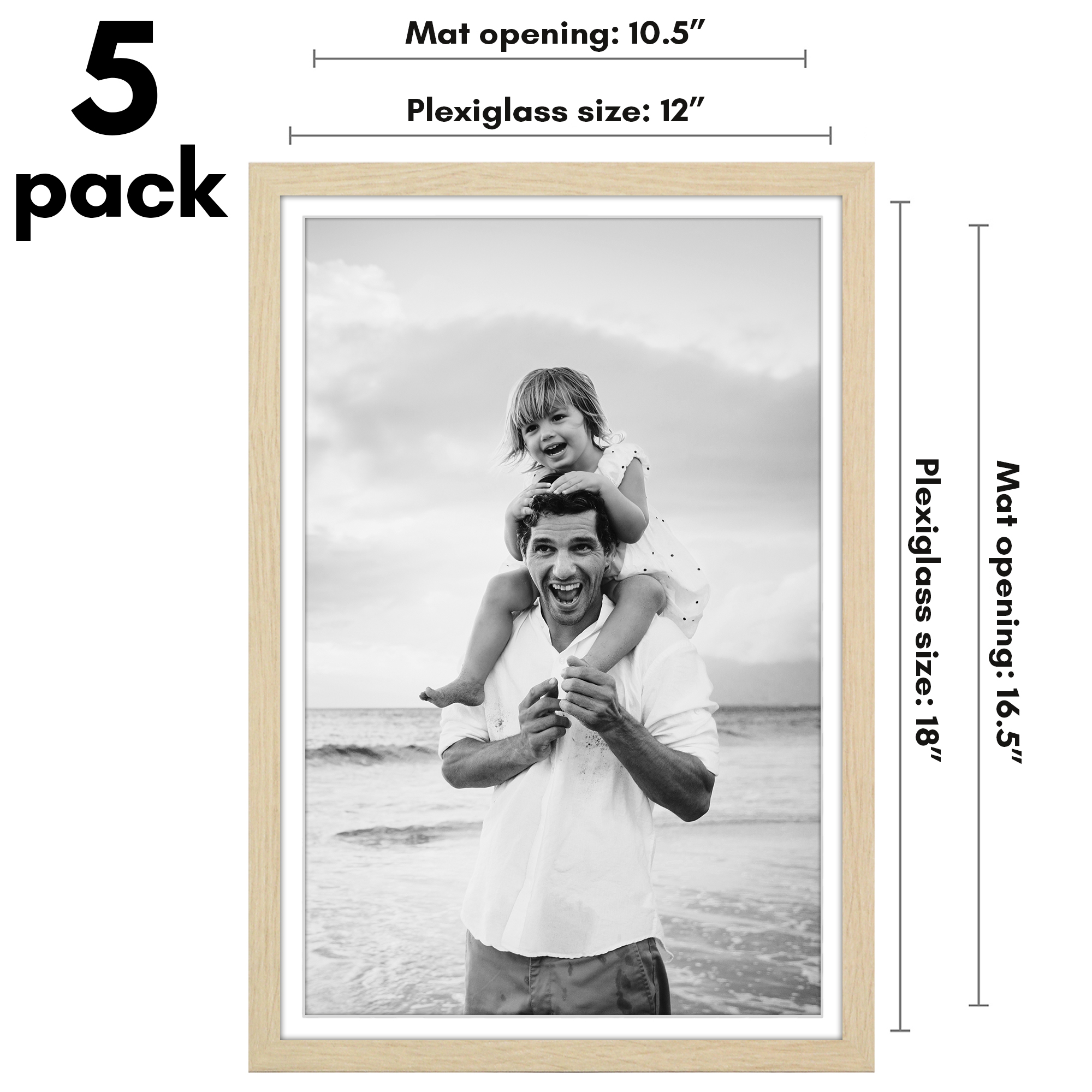 Americanflat 12x18 Poster Frame with Polished Plexiglass with 11x17 Mat 5 Pack Display Photo - Natural Oak