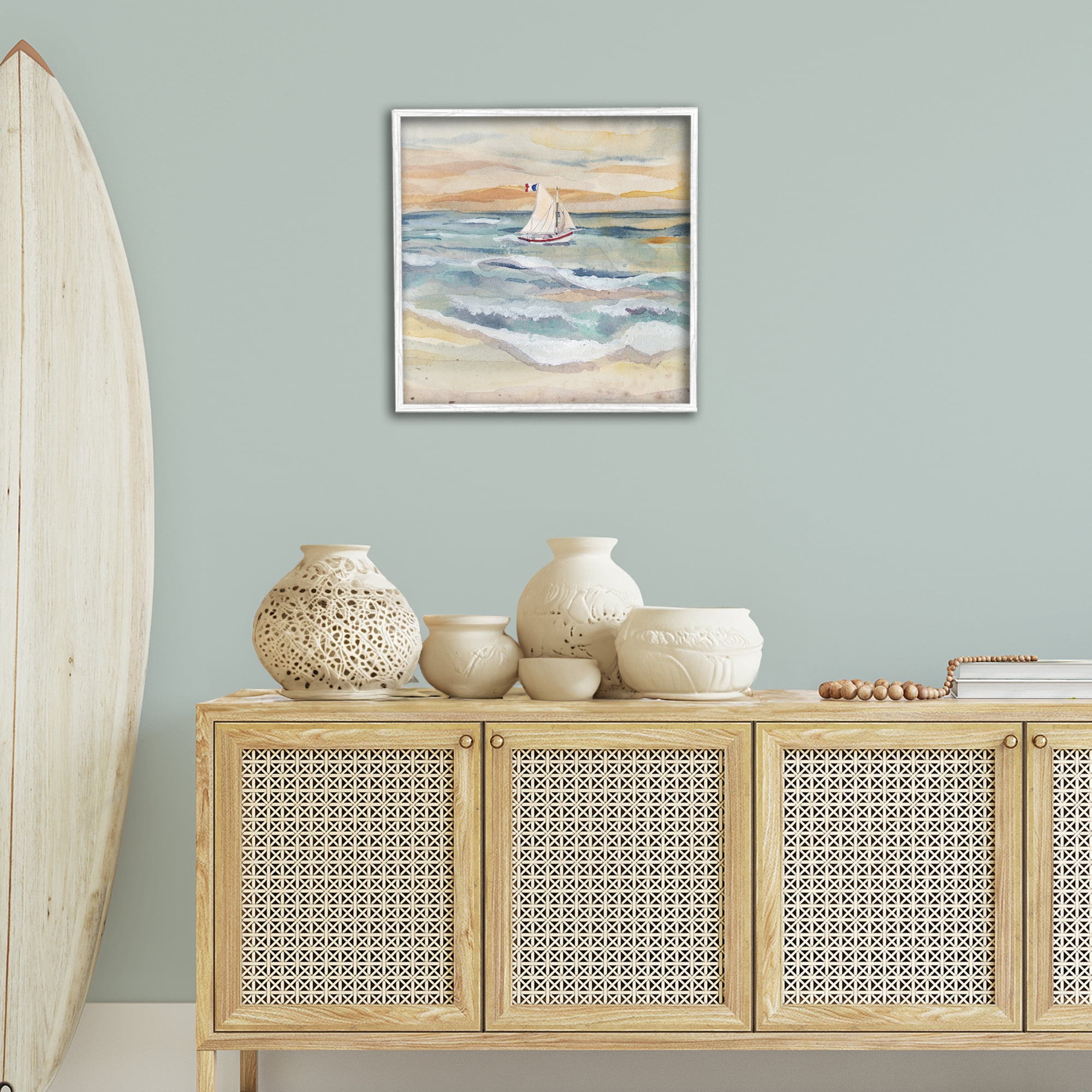 Stupell Industries Watercolor Boat Beach View Transportation Painting White Framed Art Print Wall Art, 24 x 24