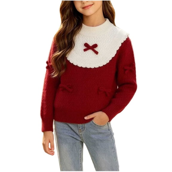 StSilkitty Sweaters for Girls Cute Bowknot Long Sleeve Crewneck Pullover Tops Fall Winter Lightweight Warm Clothes