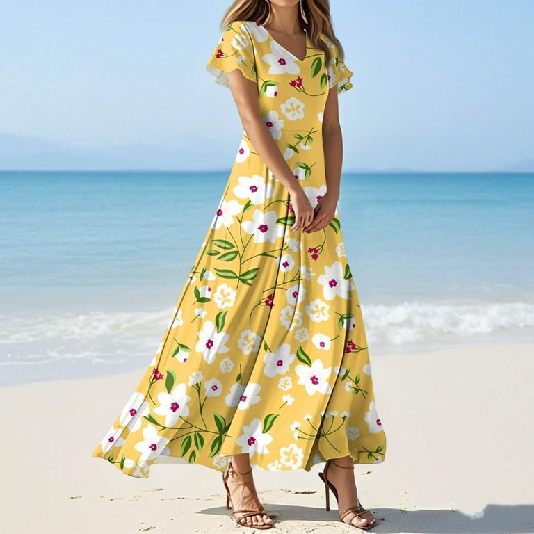 TQWQT Womens Easter Floral Dresses Plus Size Spring Church Dress V Neck  Short Sleeve Casual Ruffle Maxi Dresses Wedding Guestes Dress Yellow XS -  Walmart.com