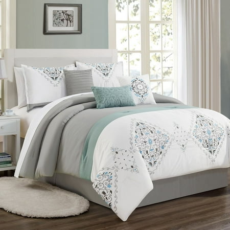 7 Piece Even Gray White Blue Comforter Set King Walmart Com