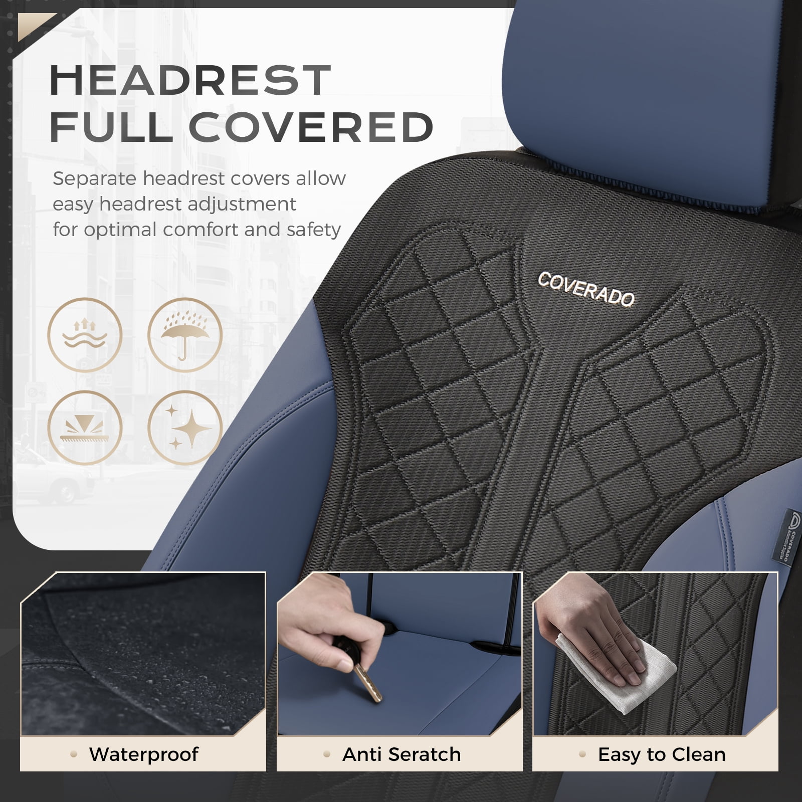 Coverado Front Car Seat Covers, 2 Seats Luxury Faux Leather Seat Protectors, Universal Fit for Most Cars, Black&Blue