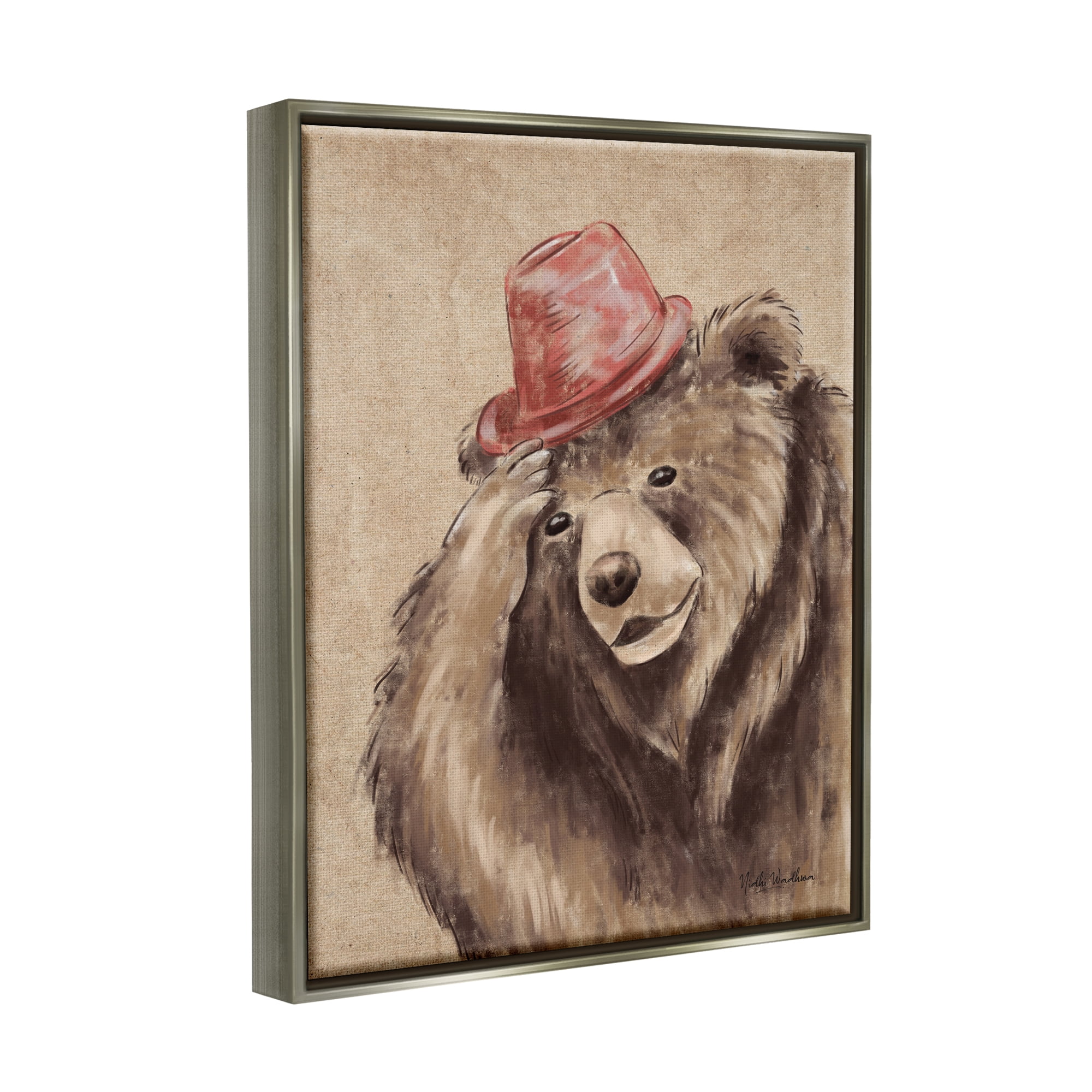 Stupell Industries Brown Bear in Hat Animals & Insects Painting Gray Floater Framed Art Print Wall Art, 17 x 21