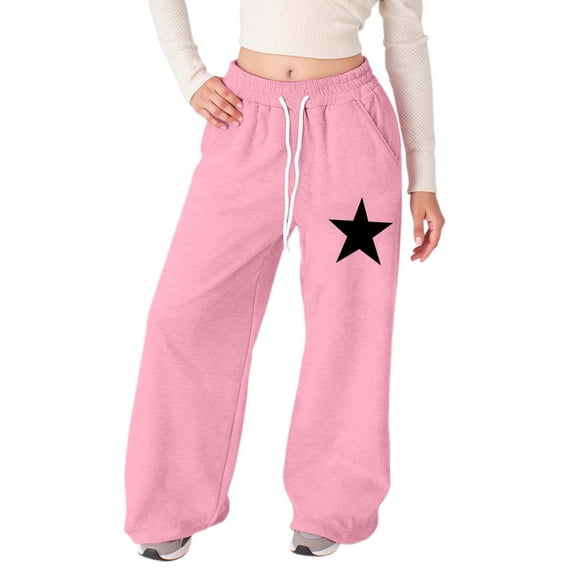 FINALGANG Girls Kids Star Print High Waisted Wide Leg Sweatpants Drawstring Waist Baggy Casual Pants With Pockets For Daily Wear Pink 4-5