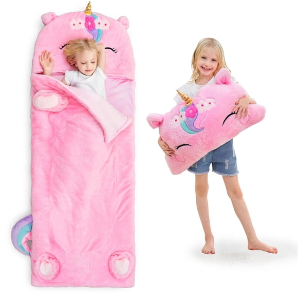 iPlay, iLearn Sac de Couchage Licorne pour Enfants, Tapis de Sieste pour Tout-Petites, Sac de Sommeil Animal en Peluche 2 en 1 Coussin Rose Garderie Préscolaire Maternelle Cadeau d'Anniversaire Voyage Soirée Pyjama