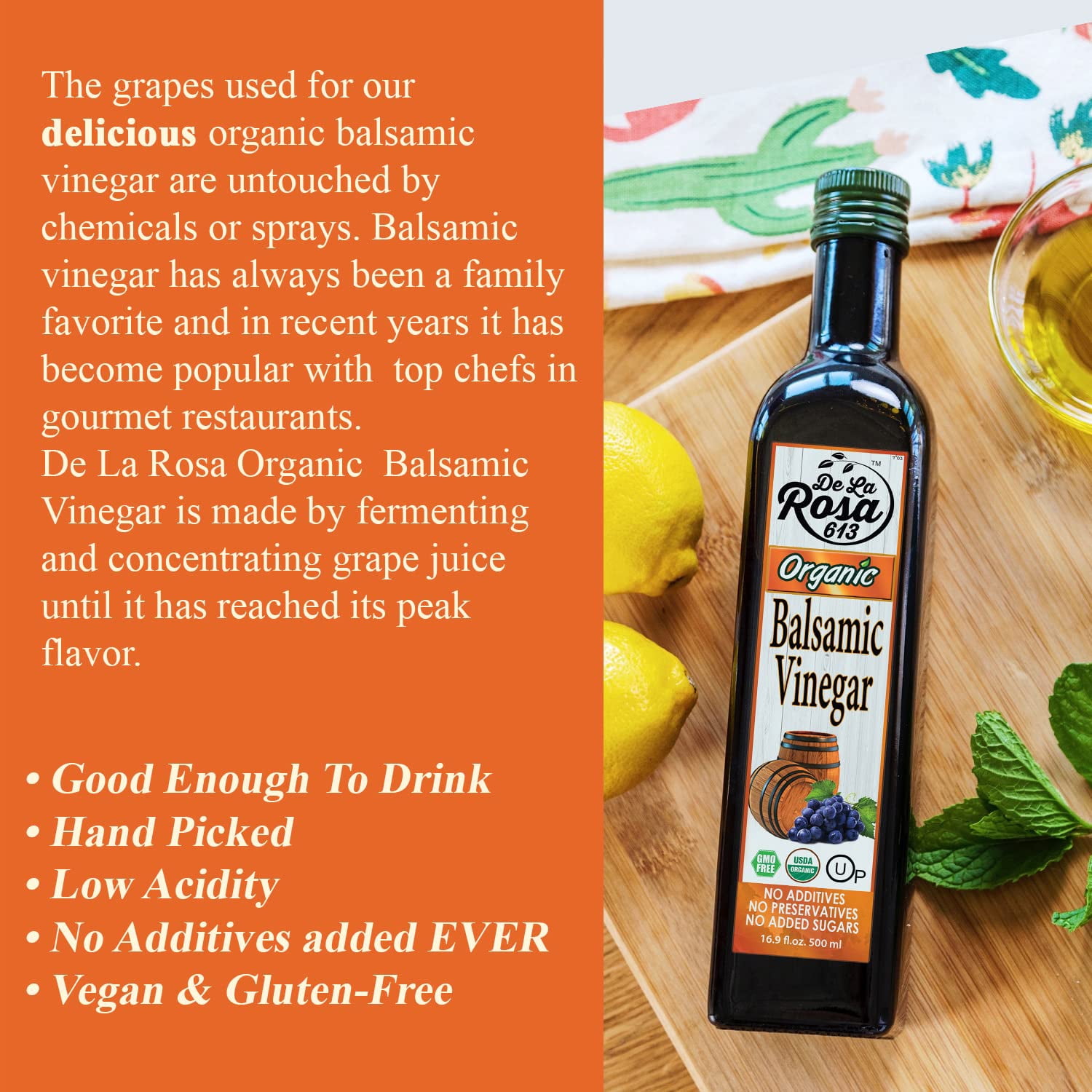De La Rosa613 Organic Balsamic Vinegar, Kosher, Vegan & Gluten-Free, 16.9 Oz