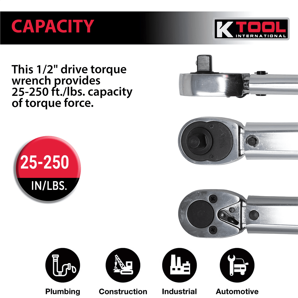 K-Tool 72102 72102 1/2" Drive 50-250 ft/lbs Ratchet Style Torque Wrench