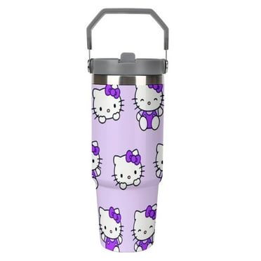 Purple Hello Kitty 6985 30oz Stainless Steel Tumblers with Flip Straw & Handle, Insulated Double Walled Water Bottle for Home, Office, Car, Leak Proof, Reusable