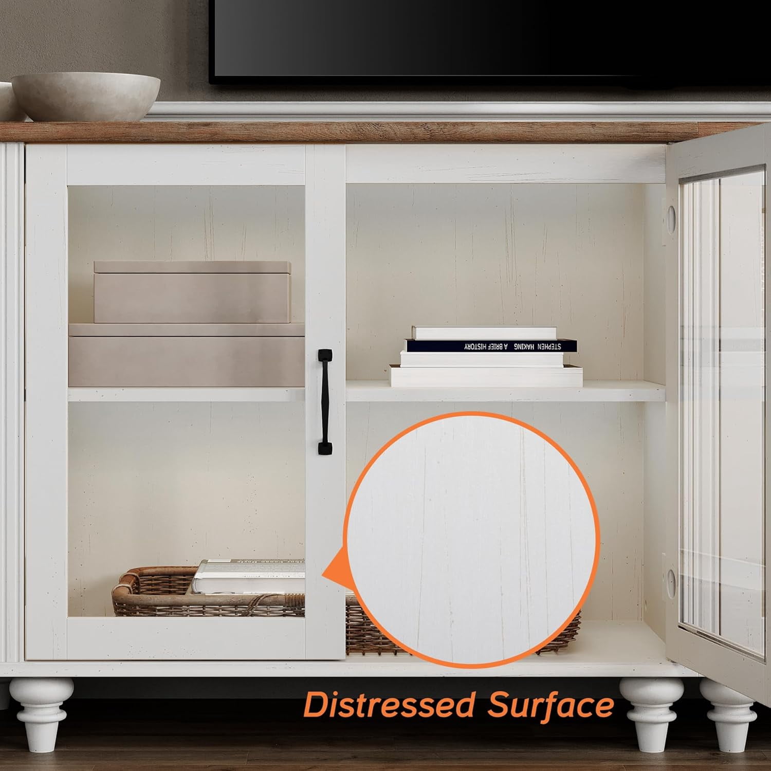 Entertainment Center with Bookshelves with Glass Doors & Drawer, Farmhouse Wall Unit TV Stand for TVs up to 75", Media Console Table for Living Room, Bedroom & Home Theater, White