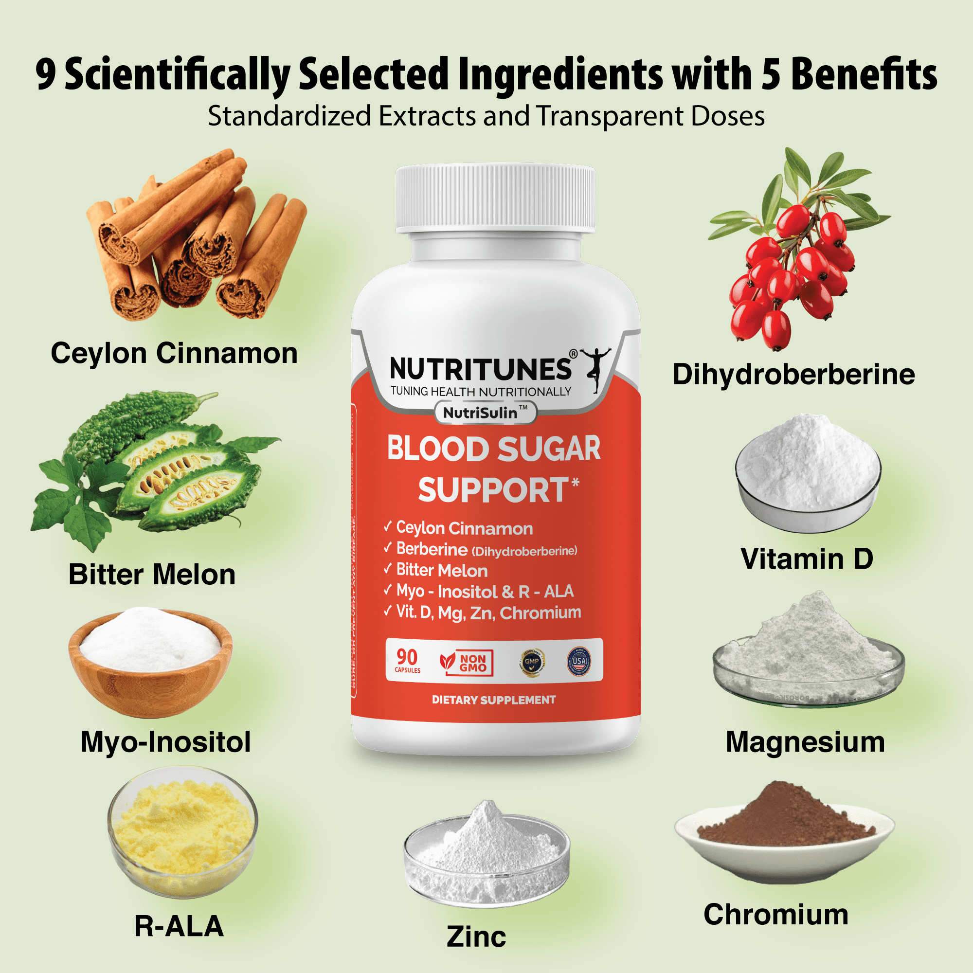 NutriTunes NutriSulin Blood Sugar Support Supplement with Dihydroberberine & Ceylon Cinnamon, 9-in-1 Formula, 90 Capsules
