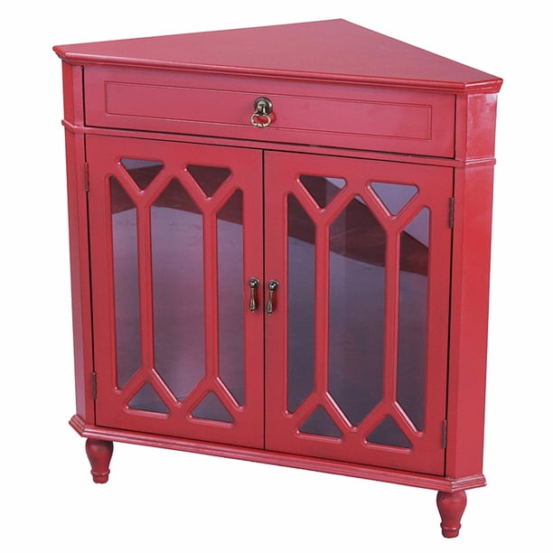 Red Wood Clear Glass Corner with a Drawer, 2 Doors & Hexagonal