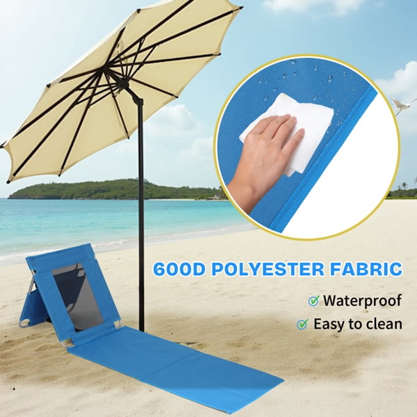 Foldable Beach Lounger, Lightweight Beach Mat Lounge Chair with Breathable Mesh Back, Cooler Pocket for Tanning Relaxing, Blue