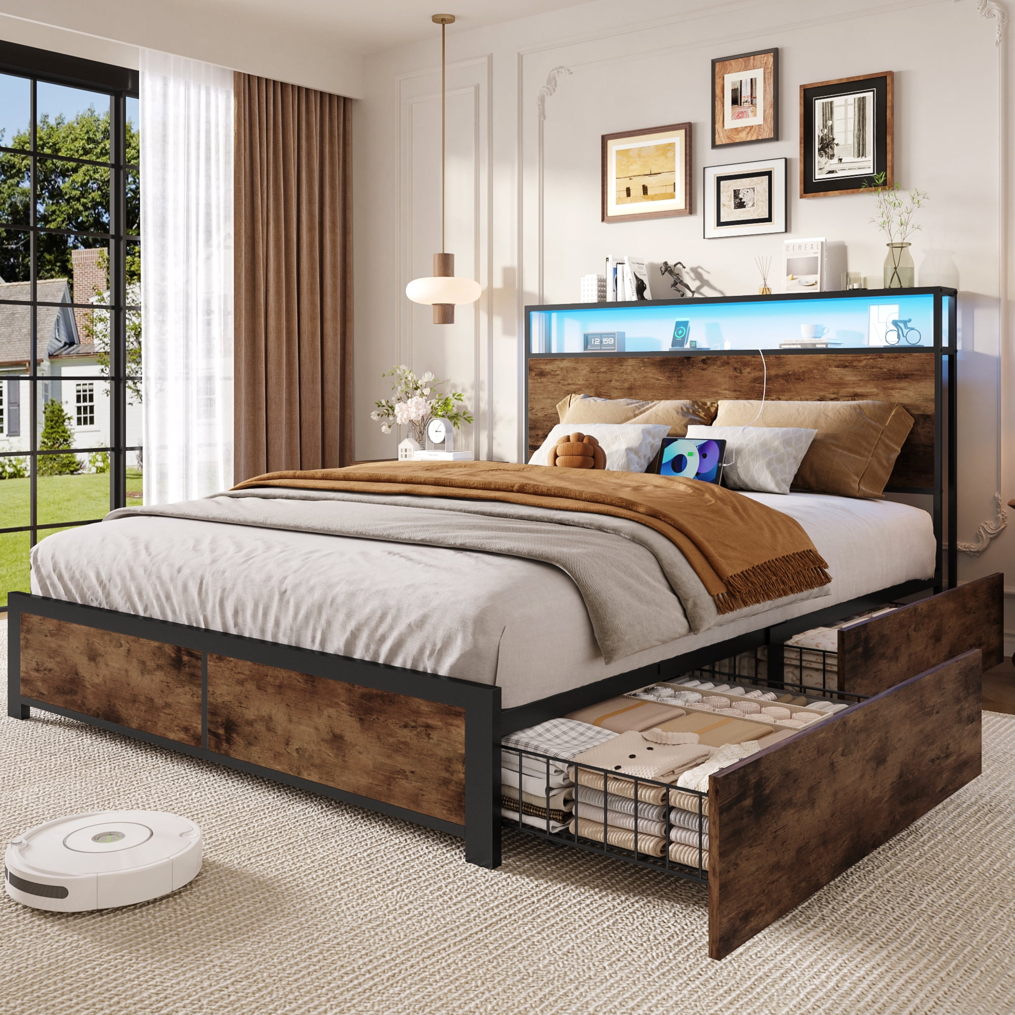 Bolvdo Full Size Bed Frame with Bookcase Headboard, Charging Station & Storage Drawers, Heavy-Duty Metal Support, Vintage Brown