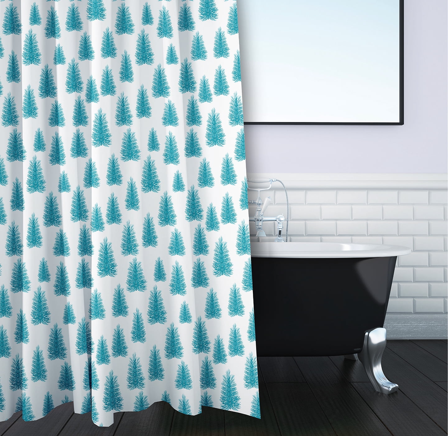 Simply Daisy 70" W x 73" L Christmas Trees Pattern Polyester Shower Curtain, Turquoise [1 Ct]