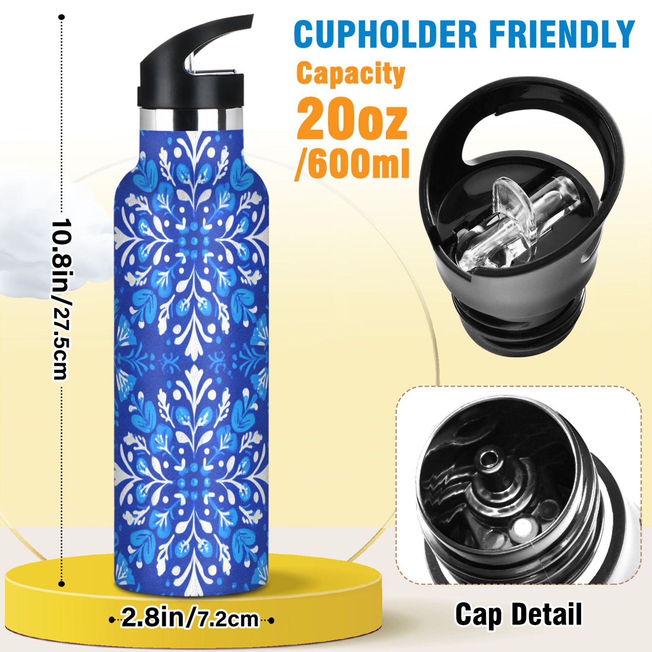600ML Stainless Steel Insulated Cup Sports Water Bottle Portable Thermos Cup Water Glasses Insulated Tumblers Convenient and Durable Blue Beautiful
