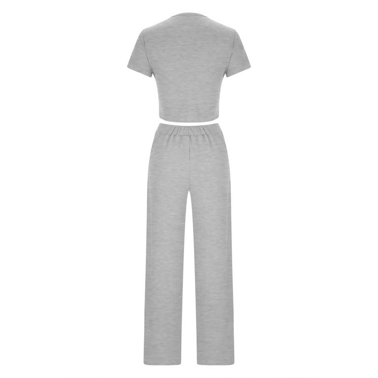 REORIAFEE Women's 2 Piece Summer Lounge Wear Casual Travel Outfit Women's  Sports Tight Ribbed Knit Crop Top Loose Wide Leg Pants Two Piece Set Gray XL