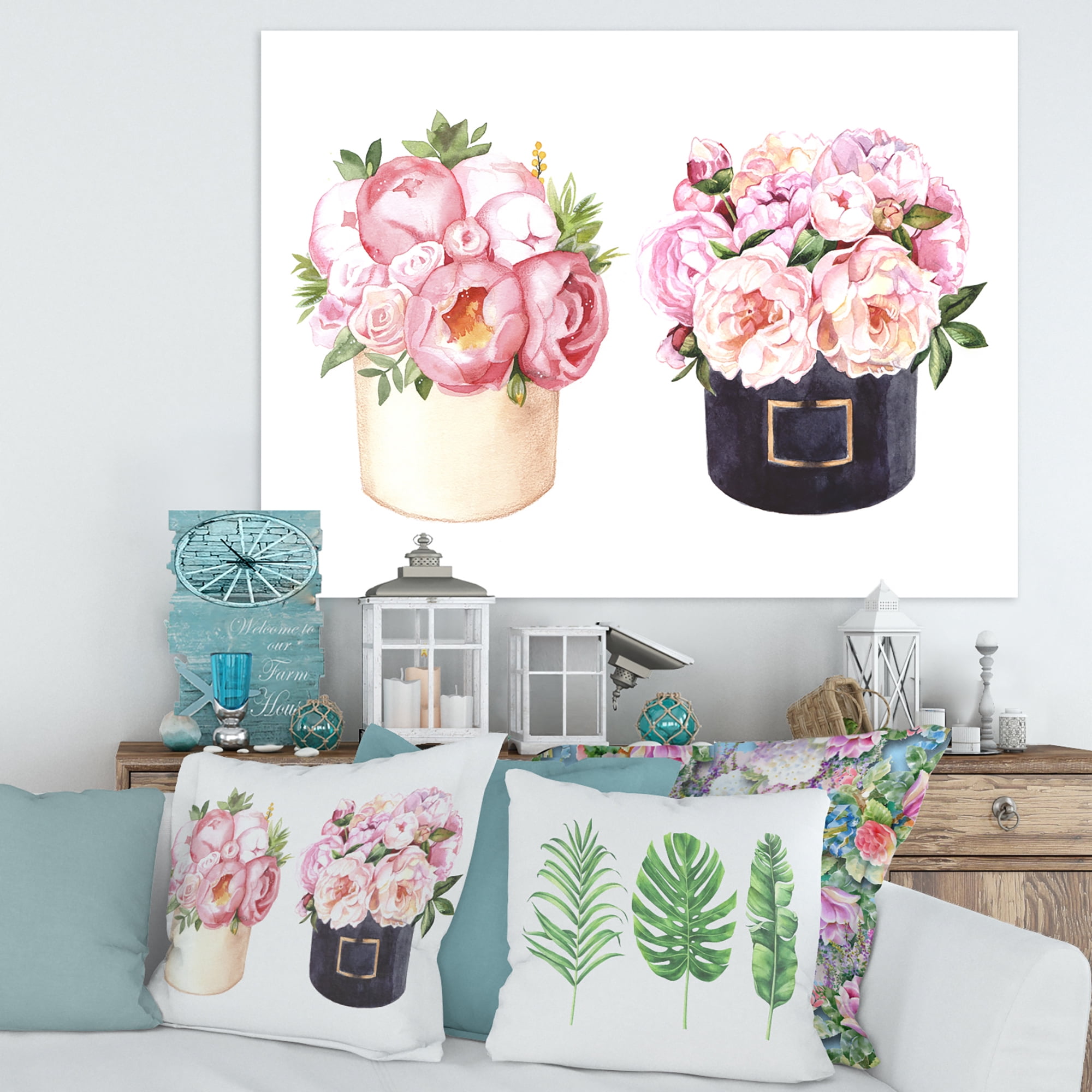 Designart ' Peonies and Rose With Flower Box ' Farmhouse Canvas Wall Art Print