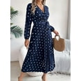 thumbnail image 3 of Women'S Polka Dot Wrap V Neck Belt Long Sleeve Pleated Maxi Dress Flowy Casual Long Dress Navy Blue M, 3 of 8