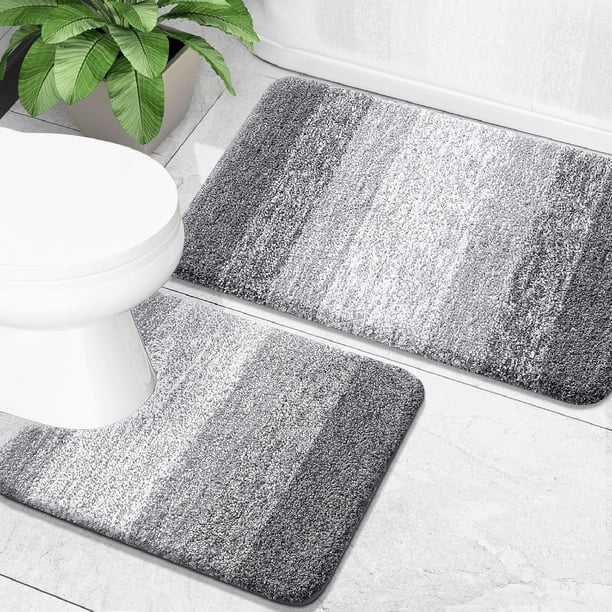 Juego de 2 alfombras de baño de microfibra suave y absorbente y tapete de inodoro con contorno en forma de U, antideslizantes, lavables a máquina, suaves y peludas (61 x 40 cm + 61 x 50 cm, gris)
