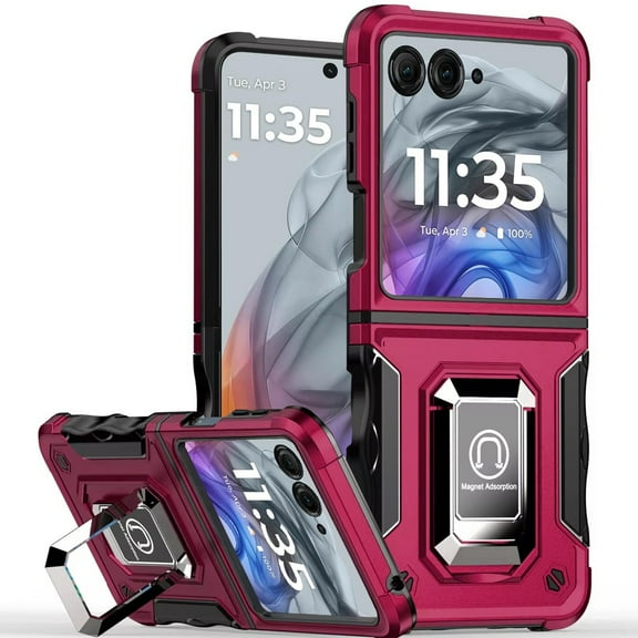 Military Grade Shockproof Hybrid Armor Case with Ring Grip for Motorola Razr 2024 - Hot Pink