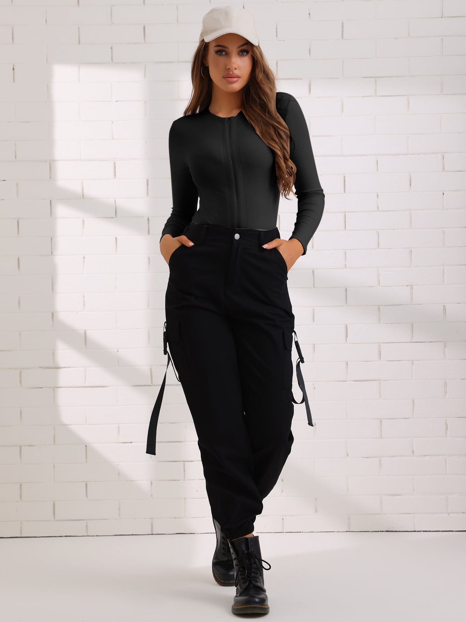 Unique Bargains Women's Zip Front Full Bodysuit Slim Fit Knit Body Shaper Small Black