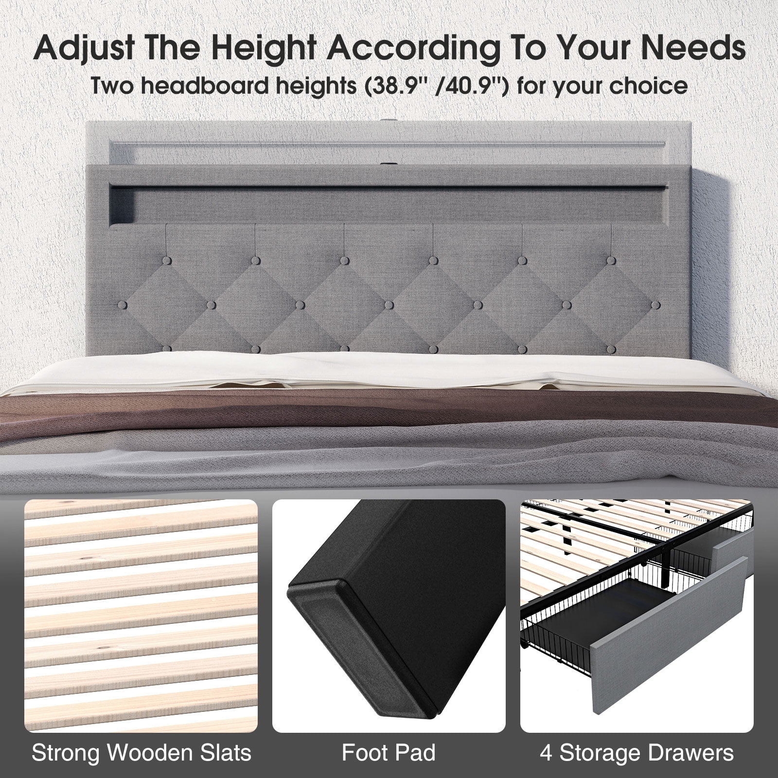 Raul Bed Frame with Drawers, Ergonomic Storage Headboard with Charging Station Trent Austin Design Size: Full