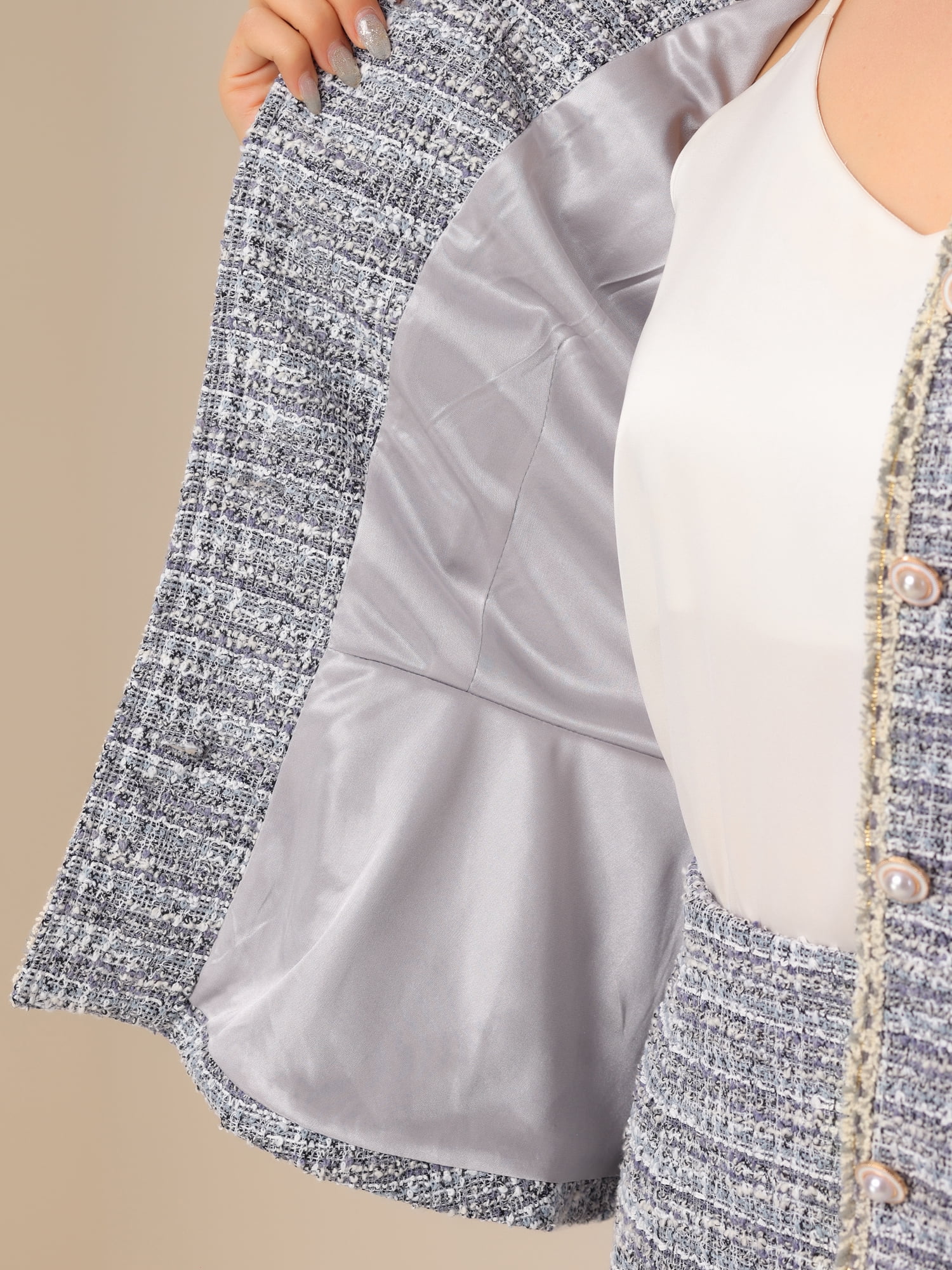 DARING DIVA 2Pcs Women's Suit Jacket Pencil Tweed Skirt Suit Set M Gray Blue