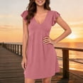 thumbnail image 5 of Women's Summer Dresses Ruffle Flutter Sleeve Beach Dress V Neck Loose Casual Vacation Dress Pink, XL, 5 of 5