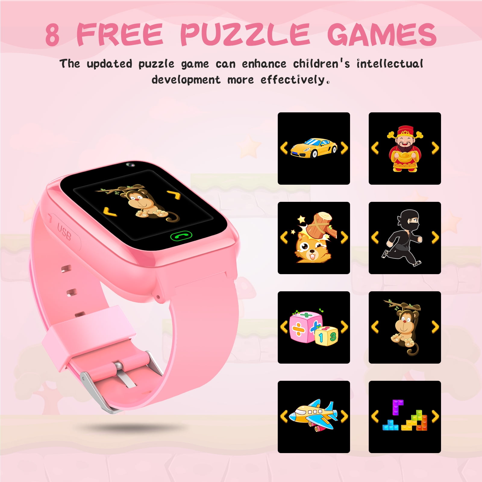 SHANNA Smart Watch for Kids, Kids Smartwatches Phone with Text and Call, Games Camera Alarm Flashlight Music Player for 3-12 Boys Girls, Pink