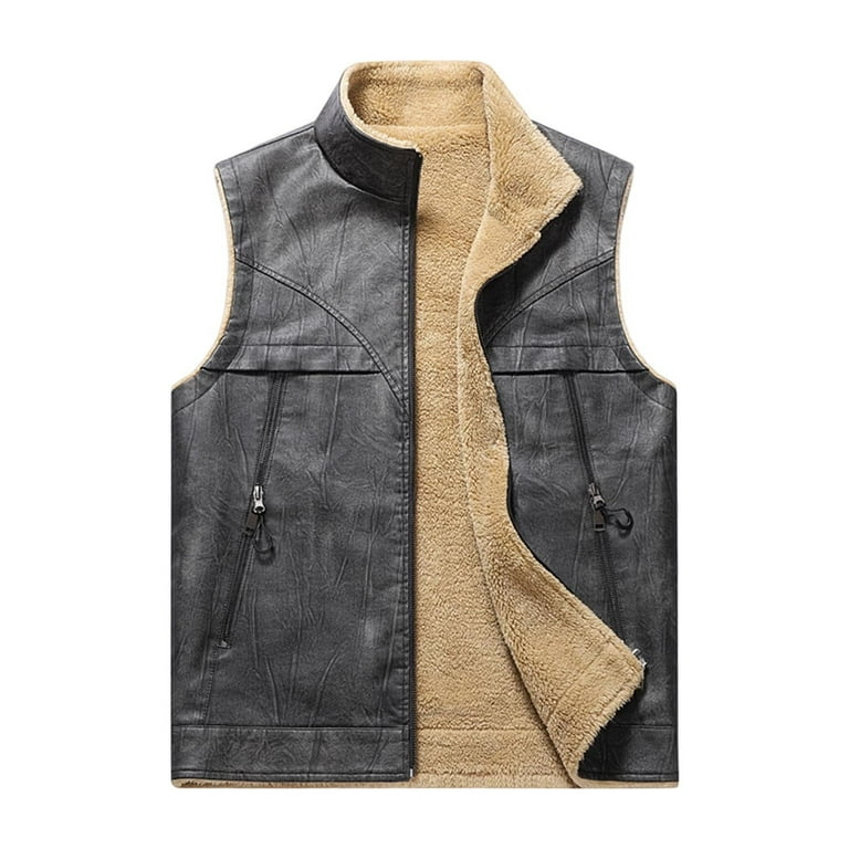 UVEASISHA Fleece Lined Leather Vest for Men Sleeveless Stand