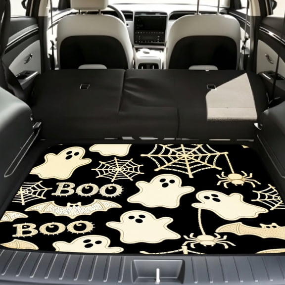 Universal Car Trunk Mat, Halloween Ghosts Bats Spiders Webs Boo Pattern Anti-Slip Easy to Clean, Trunk Protective Mat, Vehicle Interior Accessories Suitable for Most Car Models.