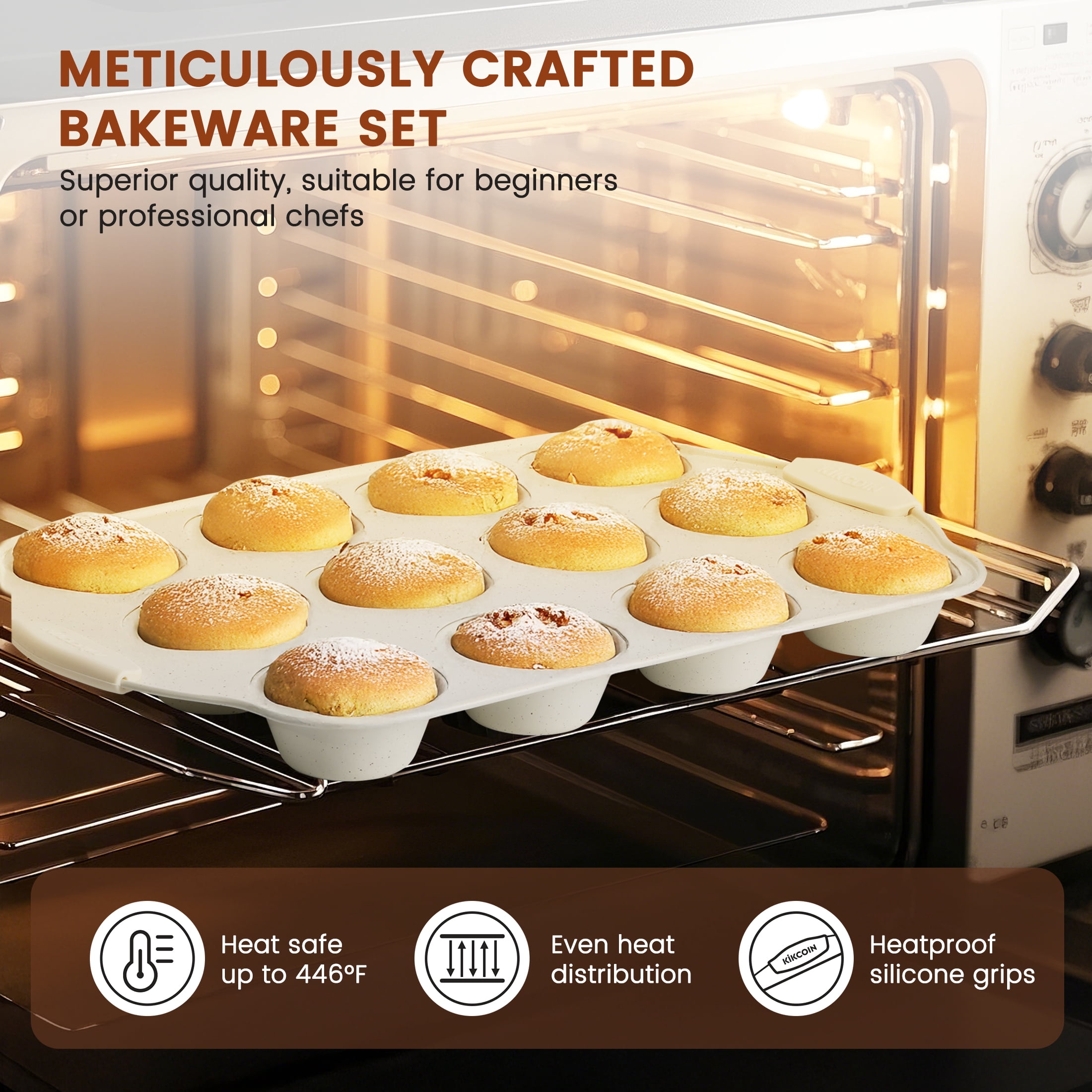 Kikcoin Bakeware Set, 21-Piece Baking Pans Set Kitchen Carbon Steel Baking Sheet Pans with Silicone Handles, Cookie Sheets Nonstick(Beige)