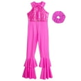 thumbnail image 4 of CHICTRY Kids Girls Retro Disco Dance Outfit Sequins Bell Bottom Jumpsuits with Scrunchie Hot Pink 8, 4 of 6