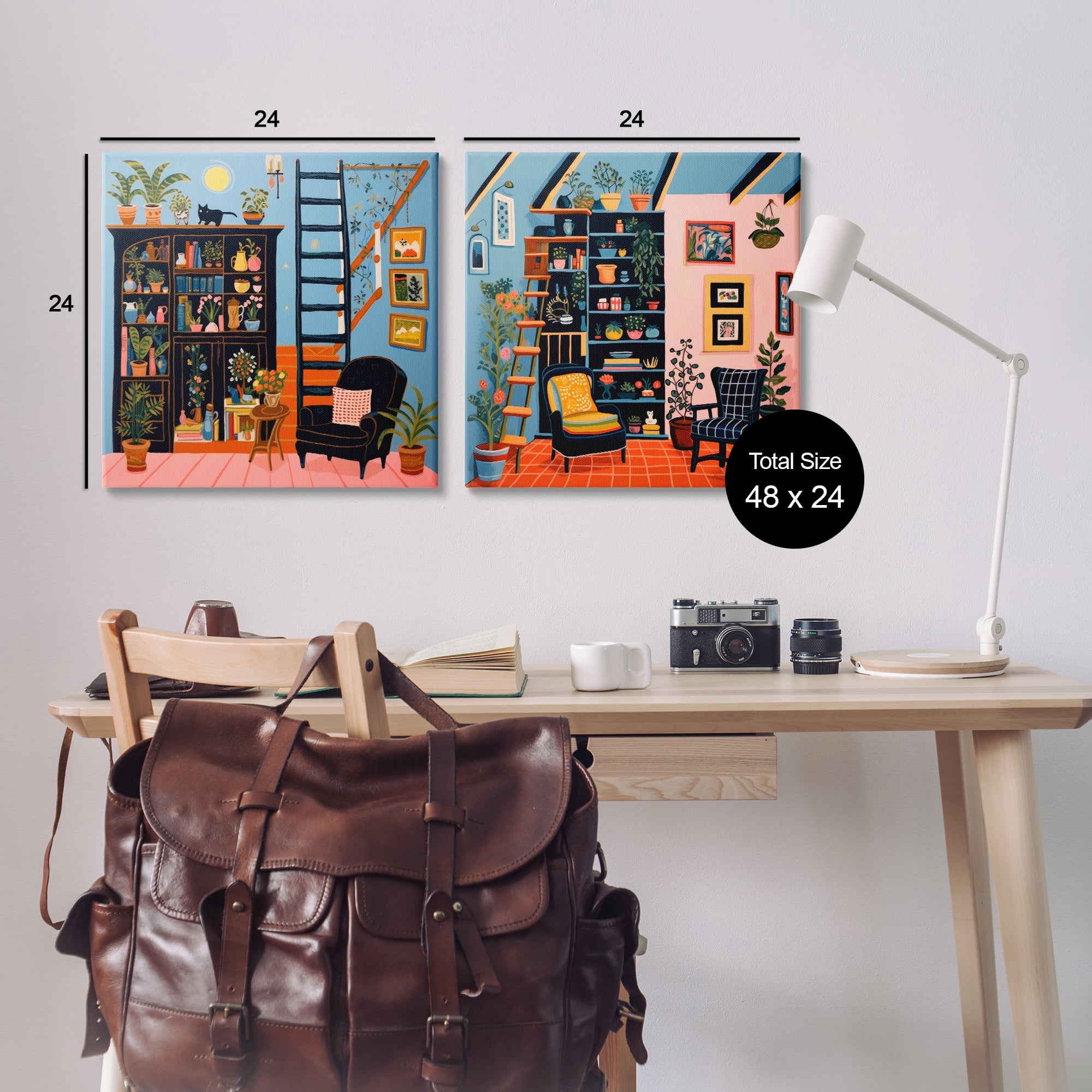 Stupell Industries Cozy Decorated Reading Nook Furniture Painting Wrapped Canvas Art Print Wall Art, 24 x 24, Set of 2